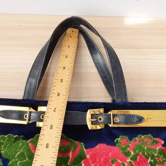 1970s VINTAGE Roberta Di Camerino Bag Flower Navy Devore Gold Belt Bagonghi RARE